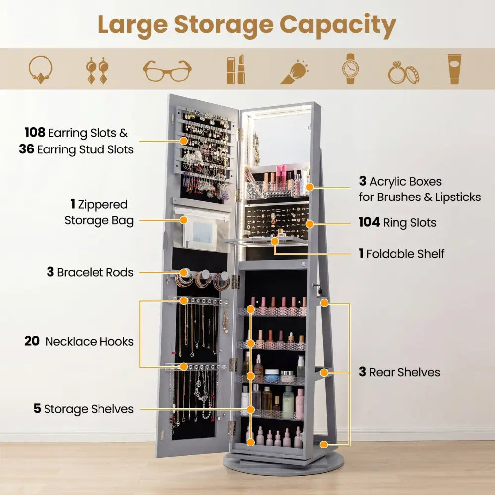 Standing Jewelry Cabinet with Adjustable LED Lights-Gray - Gray - Jewelry Armoires