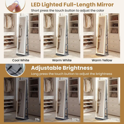 Standing Jewelry Cabinet with Adjustable LED Lights-Gray - Gray - Jewelry Armoires