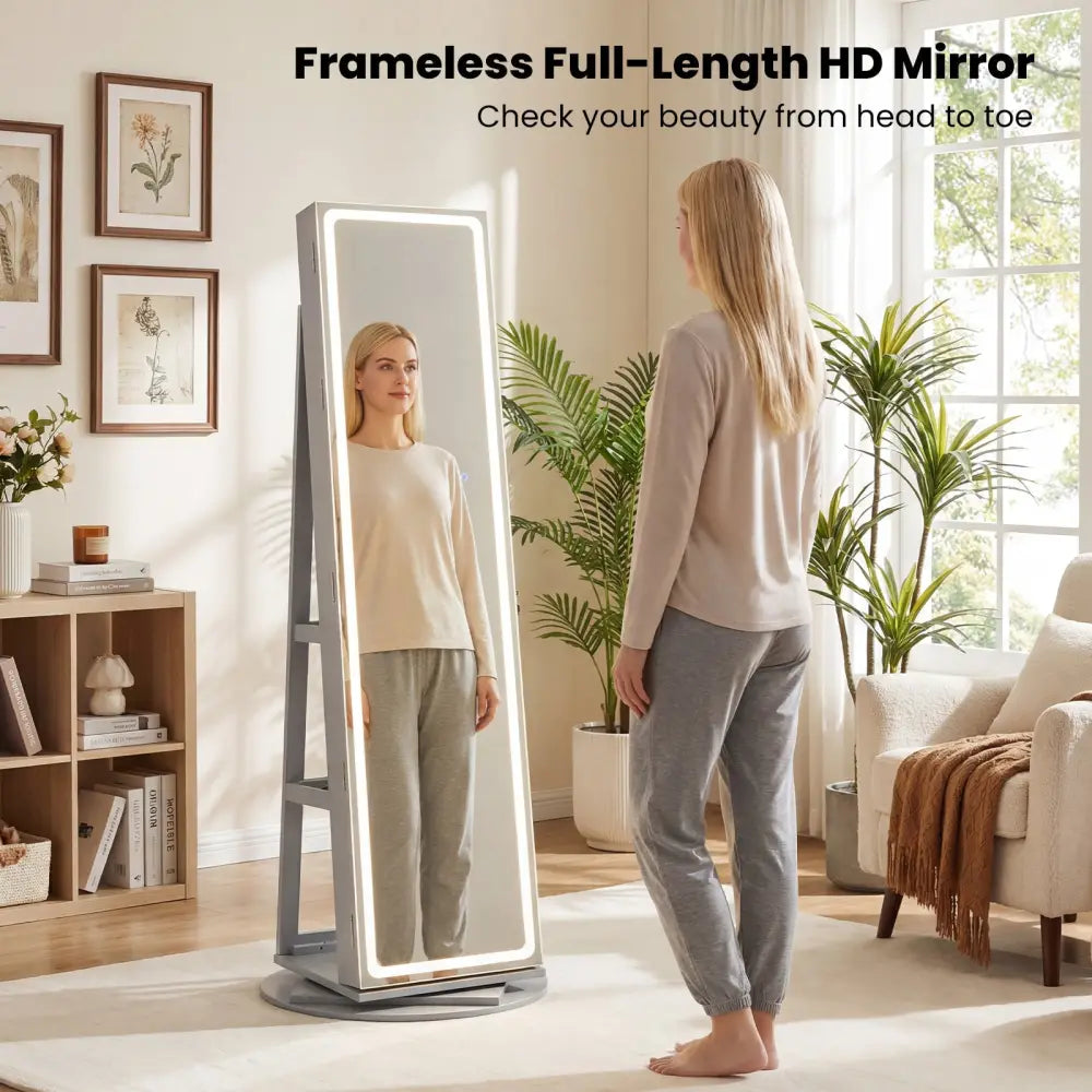 Standing Jewelry Cabinet with Adjustable LED Lights-Gray - Gray - Jewelry Armoires