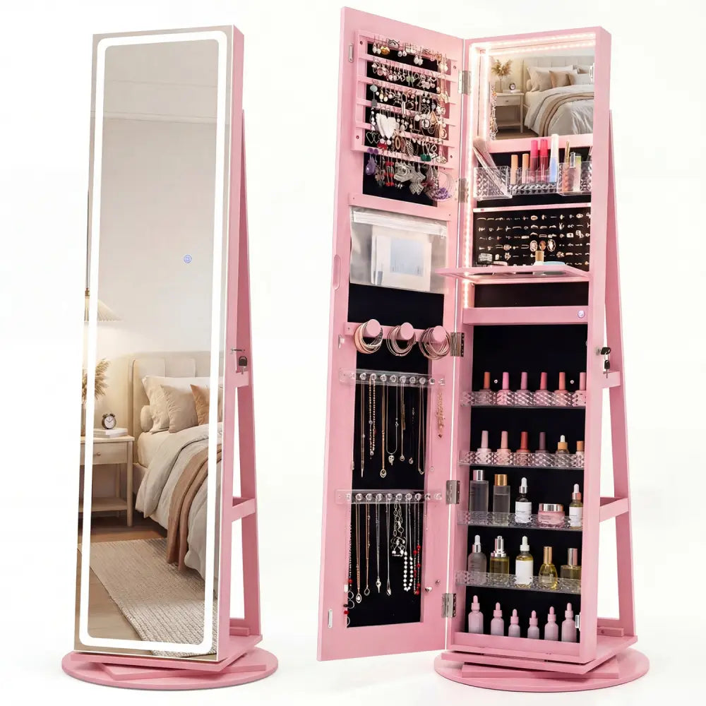 Standing Jewelry Cabinet with Adjustable LED Lights-Pink - Pink - Jewelry Armoires