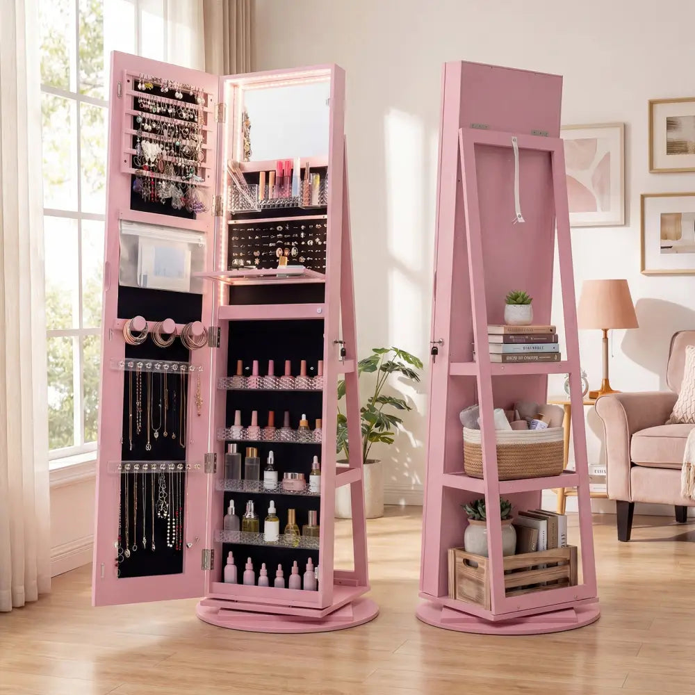 Standing Jewelry Cabinet with Adjustable LED Lights-Pink - Pink - Jewelry Armoires