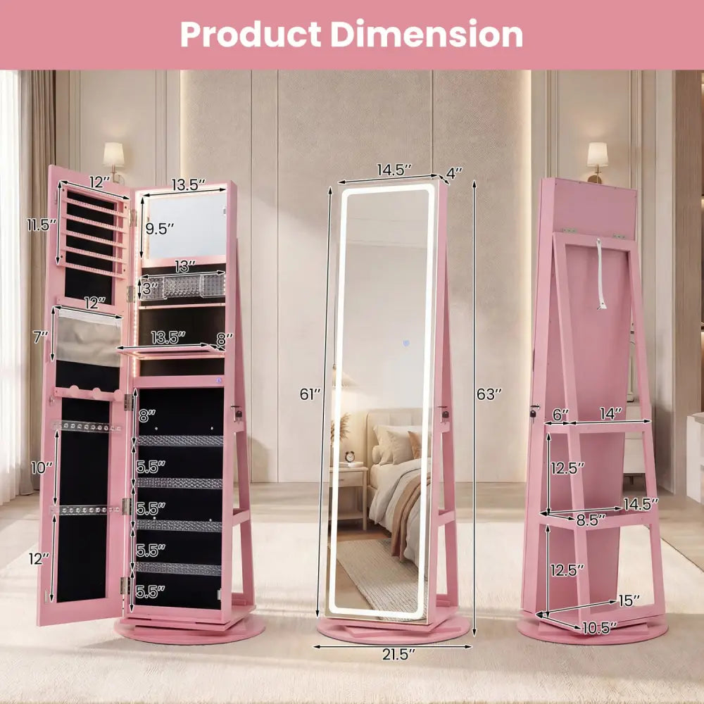 Standing Jewelry Cabinet with Adjustable LED Lights-Pink - Pink - Jewelry Armoires