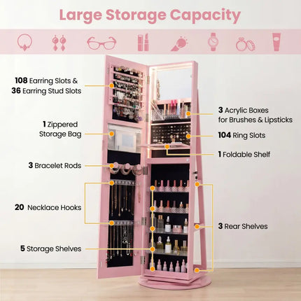 Standing Jewelry Cabinet with Adjustable LED Lights-Pink - Pink - Jewelry Armoires