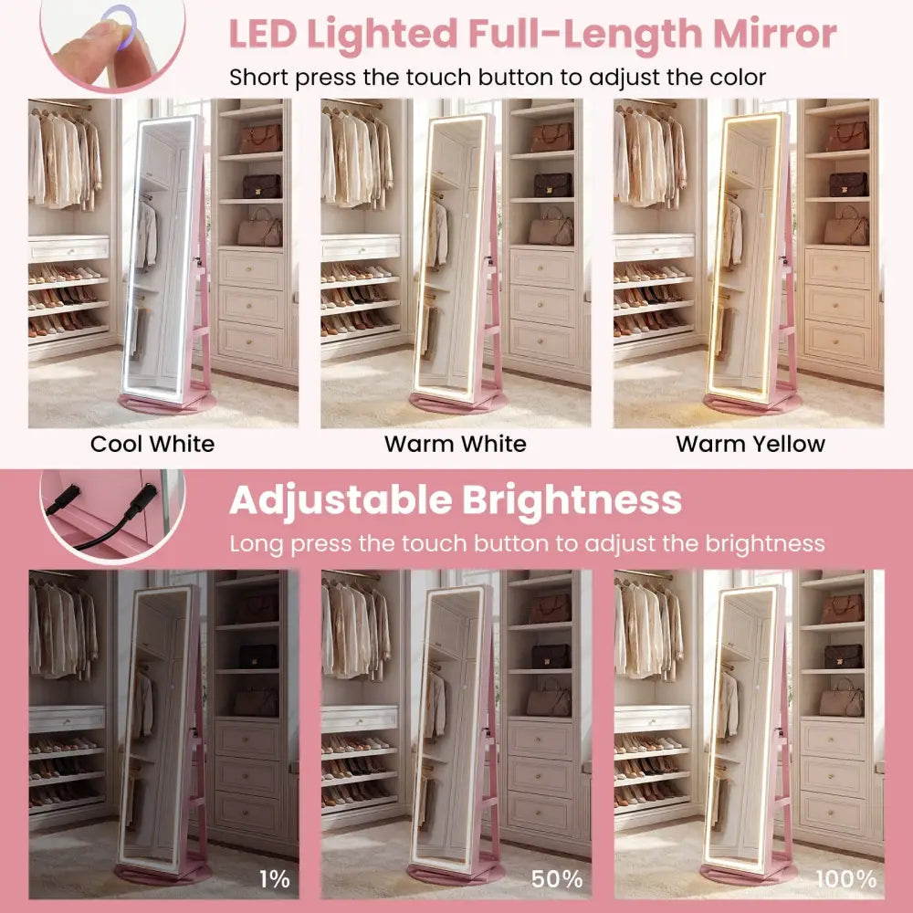 Standing Jewelry Cabinet with Adjustable LED Lights-Pink - Pink - Jewelry Armoires