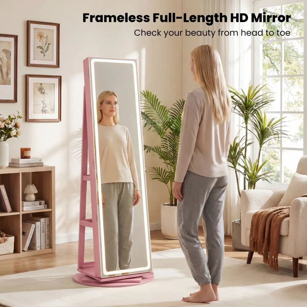 Standing Jewelry Cabinet with Adjustable LED Lights-Pink - Pink - Jewelry Armoires
