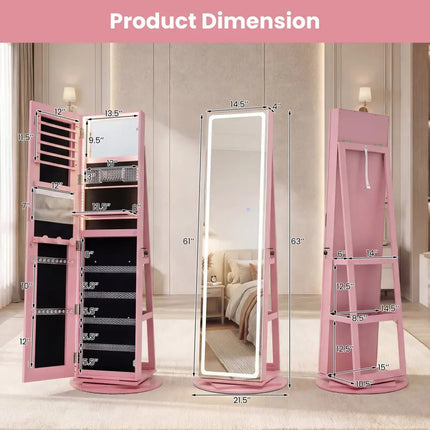 Standing Jewelry Cabinet with Adjustable LED Lights-Pink - Pink - Jewelry Armoires