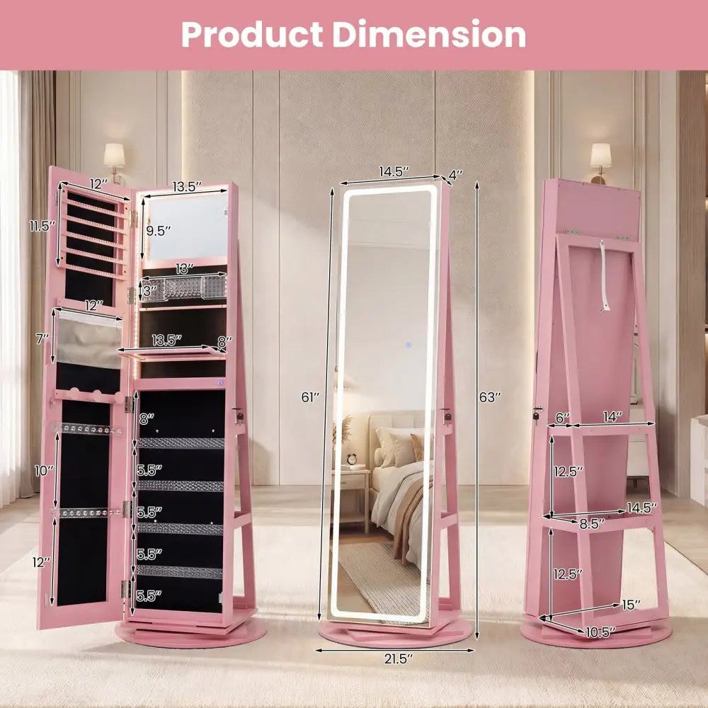 Standing Jewelry Cabinet with Adjustable LED Lights-Pink - Pink - Jewelry Armoires
