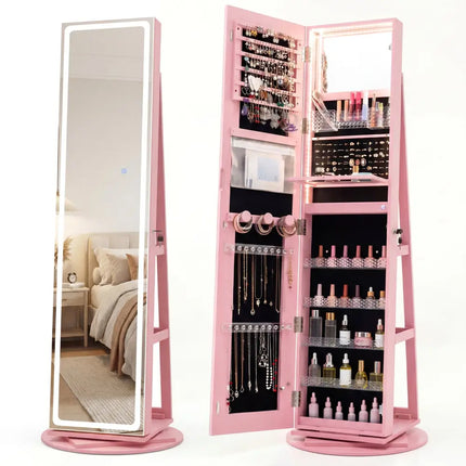 Standing Jewelry Cabinet with Adjustable LED Lights-Pink - Pink - Jewelry Armoires