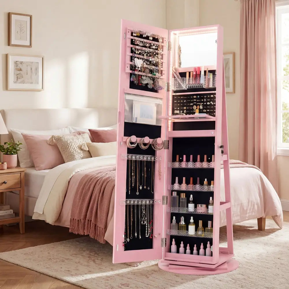 Standing Jewelry Cabinet with Adjustable LED Lights-Pink - Pink - Jewelry Armoires