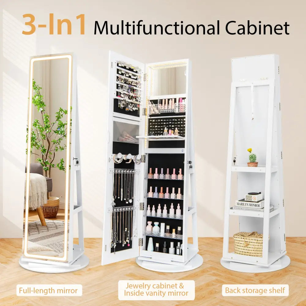 Standing Jewelry Cabinet with Adjustable LED Lights-White - White - Jewelry Armoires