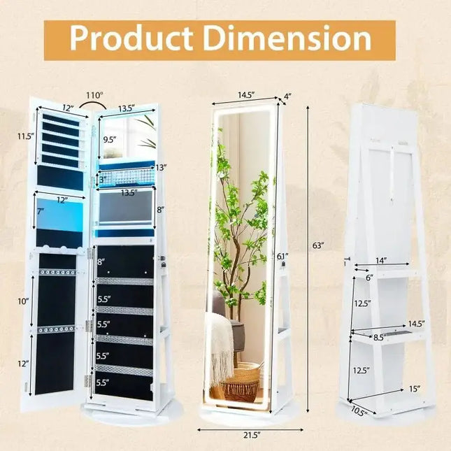 Standing Jewelry Cabinet with Adjustable LED Lights - White - Oasis Home Essentials