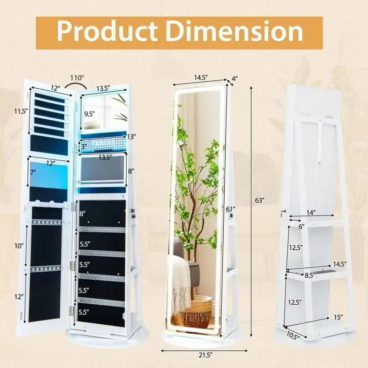 Standing Jewelry Cabinet with Adjustable LED Lights - White - Oasis Home Essentials