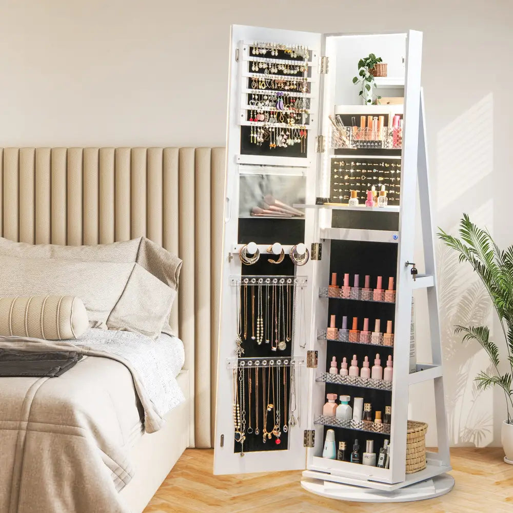 Standing Jewelry Cabinet with Adjustable LED Lights-White - White - Jewelry Armoires