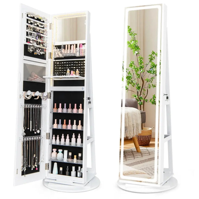 Standing Jewelry Cabinet with Adjustable LED Lights - White - Oasis Home Essentials