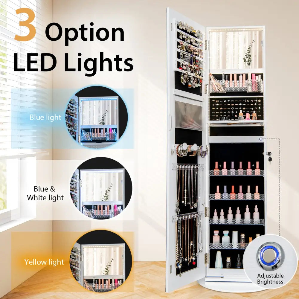 Standing Jewelry Cabinet with Adjustable LED Lights-White - White - Jewelry Armoires