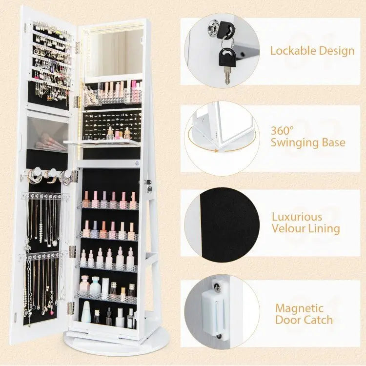 Standing Jewelry Cabinet with Adjustable LED Lights - White - Oasis Home Essentials
