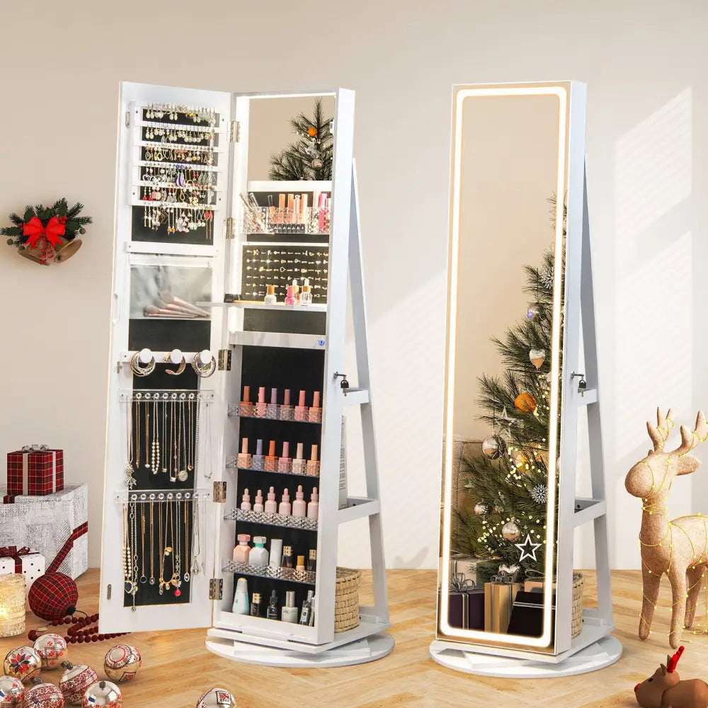 Standing Jewelry Cabinet with Adjustable LED Lights-White - White - Jewelry Armoires