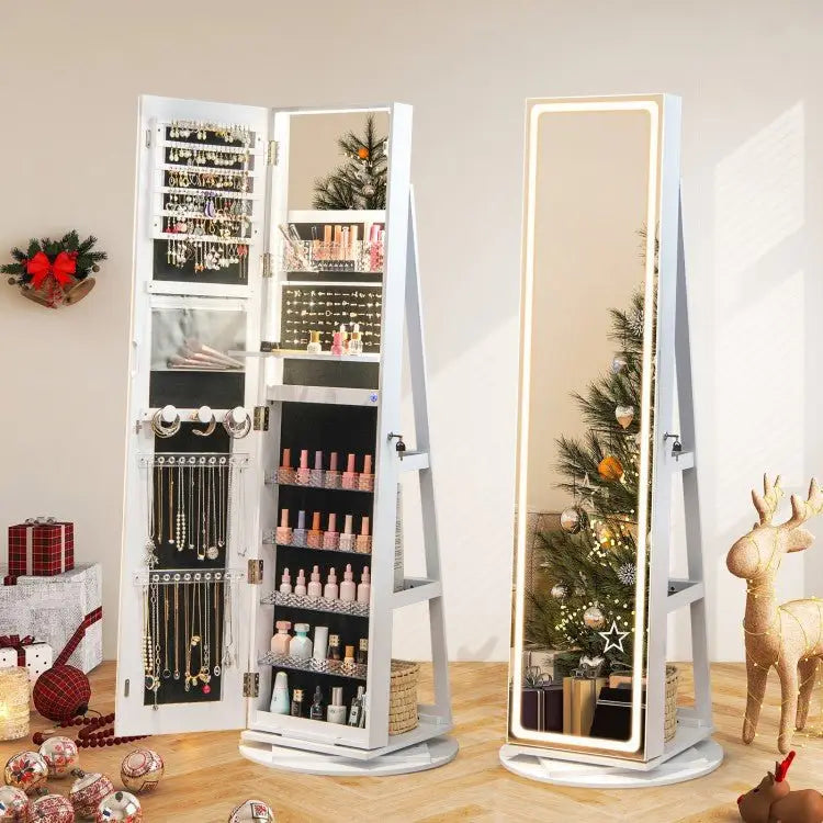 Standing Jewelry Cabinet with Adjustable LED Lights - White - Oasis Home Essentials