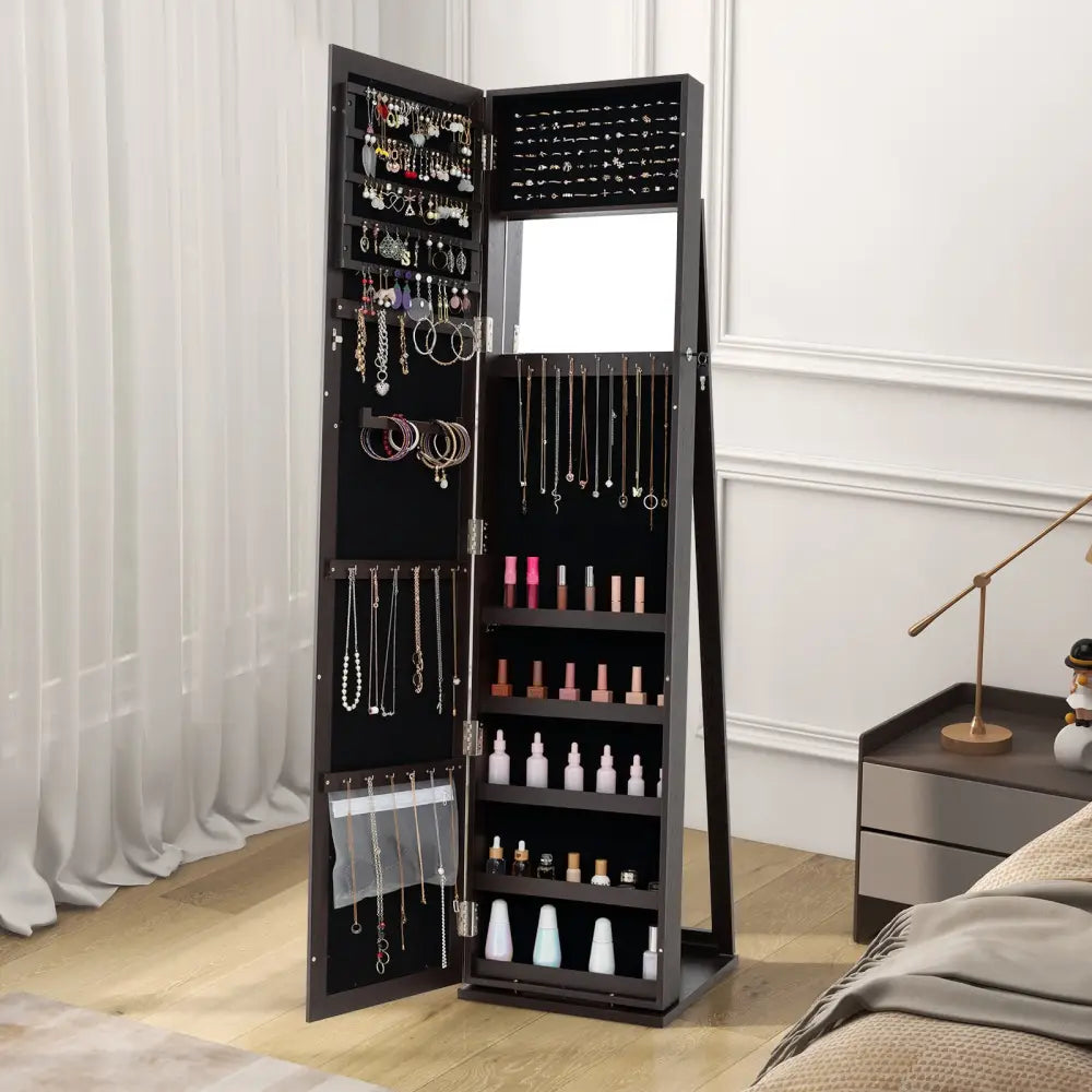 Standing Lockable Jewelry Storage Organizer with Full-Length Mirror-Coffee - Coffee - Jewelry Armoires