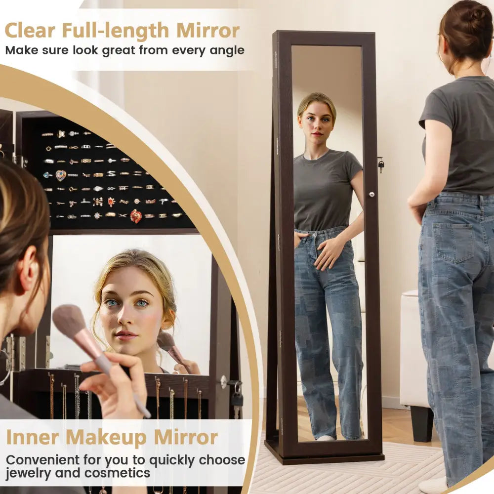 Standing Lockable Jewelry Storage Organizer with Full-Length Mirror-Coffee - Coffee - Jewelry Armoires