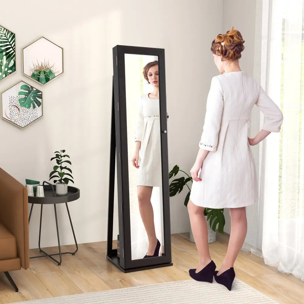 Standing Lockable Jewelry Storage Organizer with Full-Length Mirror-Coffee - Coffee - Jewelry Armoires