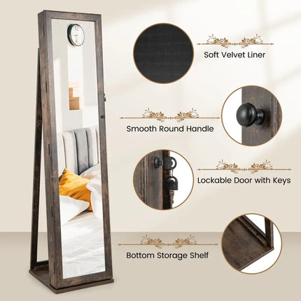 Standing Lockable Jewelry Storage Organizer with Full-Length Mirror-Brown - Brown - Jewelry Armoires