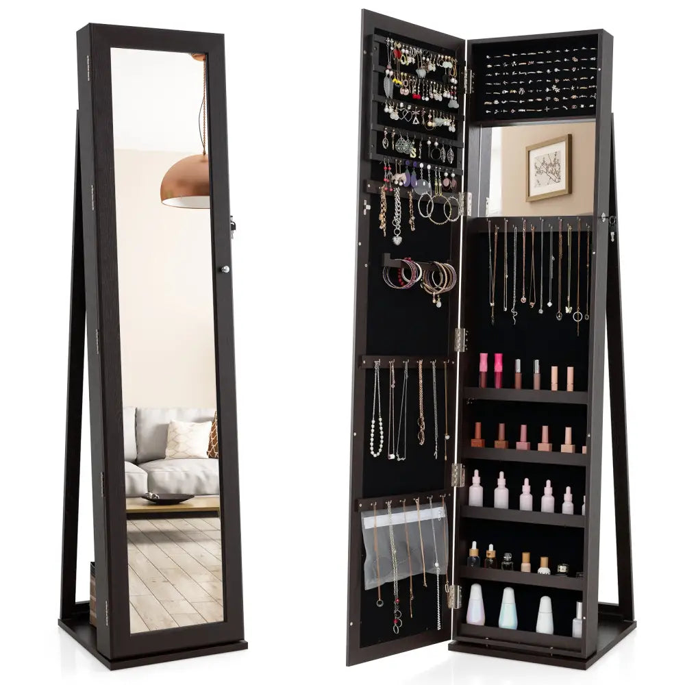 Standing Lockable Jewelry Storage Organizer with Full-Length Mirror-Coffee - Coffee - Jewelry Armoires