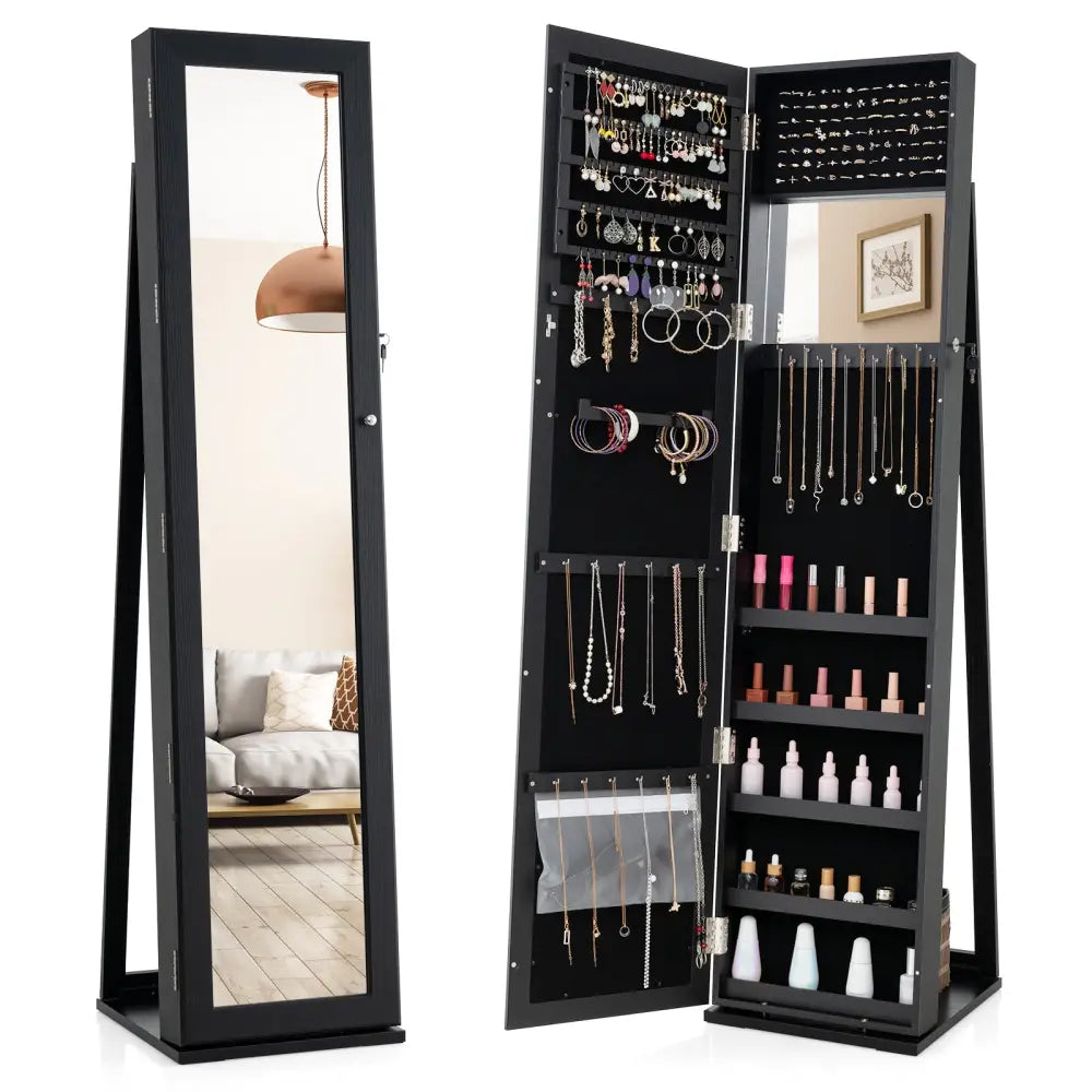 Standing Lockable Jewelry Storage Organizer with Full-Length Mirror-Black - Black - Jewelry Armoires