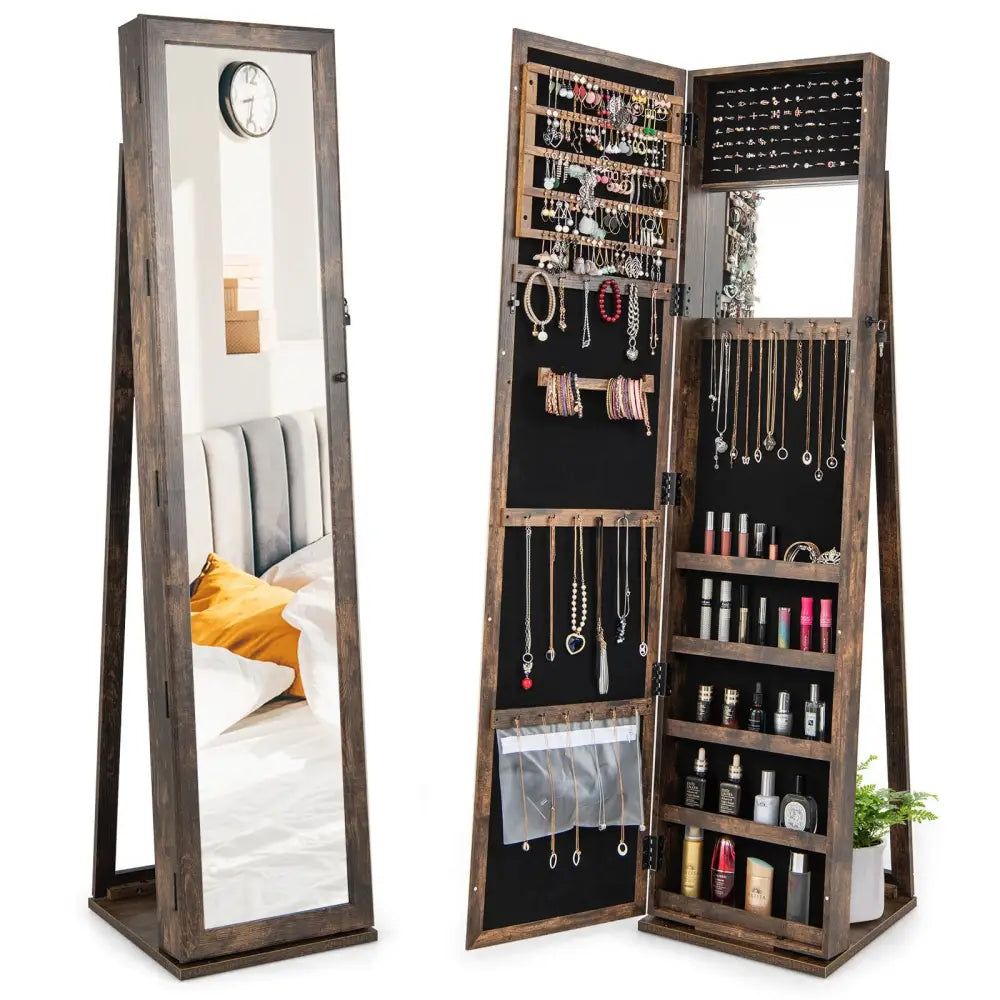 Standing Lockable Jewelry Storage Organizer with Full-Length Mirror-Brown - Brown - Jewelry Armoires