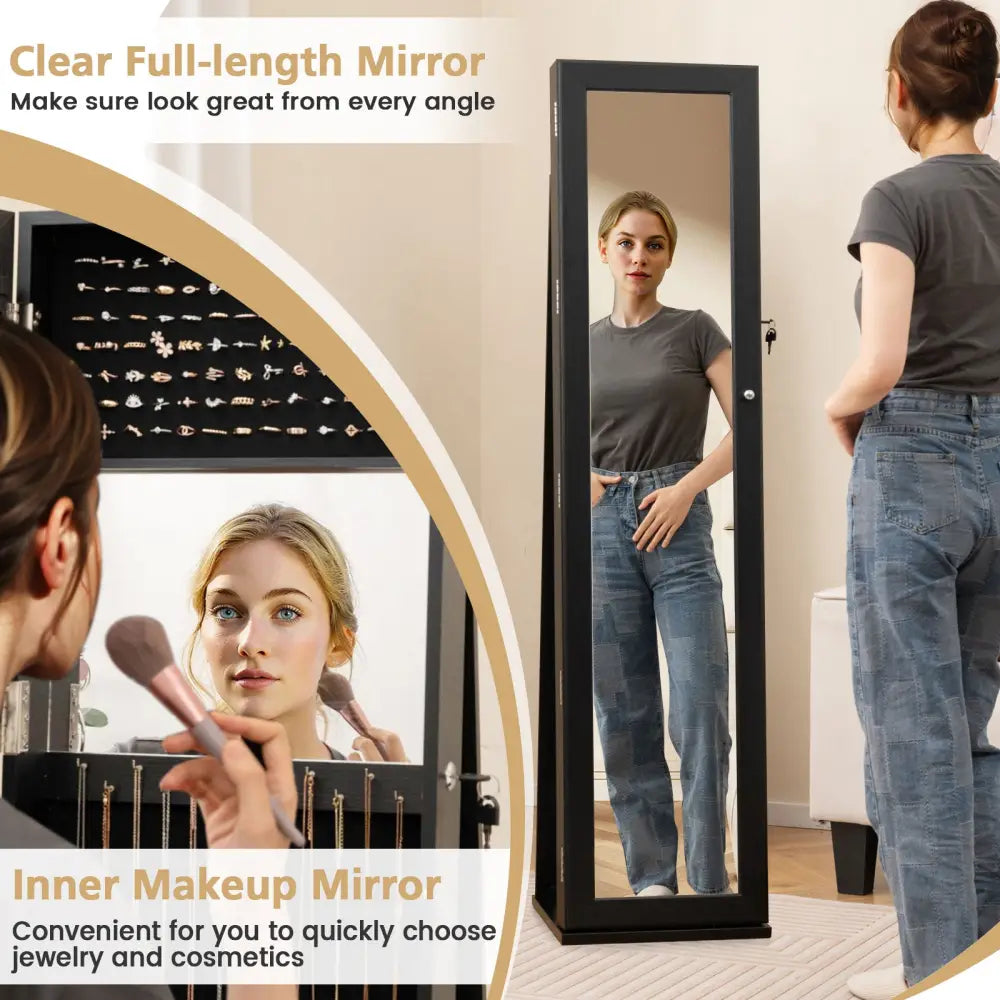 Standing Lockable Jewelry Storage Organizer with Full-Length Mirror-Black - Black - Jewelry Armoires