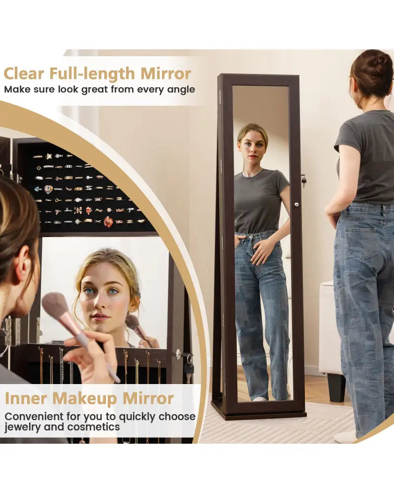 Standing Lockable Jewelry Storage Organizer with Full-Length Mirror-Coffee - Coffee - Jewelry Armoires