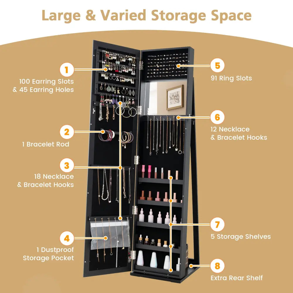 Standing Lockable Jewelry Storage Organizer with Full-Length Mirror-Black - Black - Jewelry Armoires