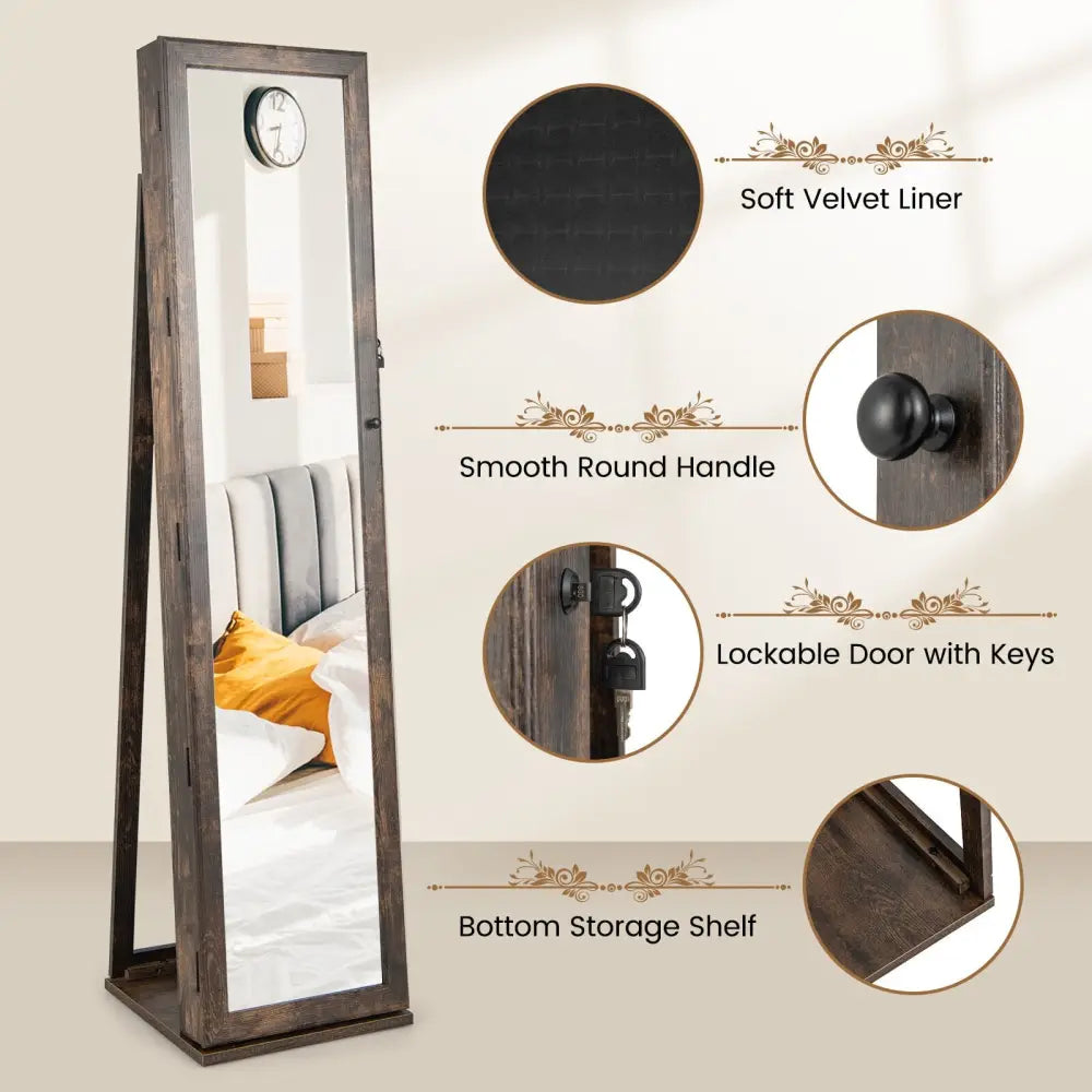 Standing Lockable Jewelry Storage Organizer with Full-Length Mirror-Brown - Brown - Jewelry Armoires