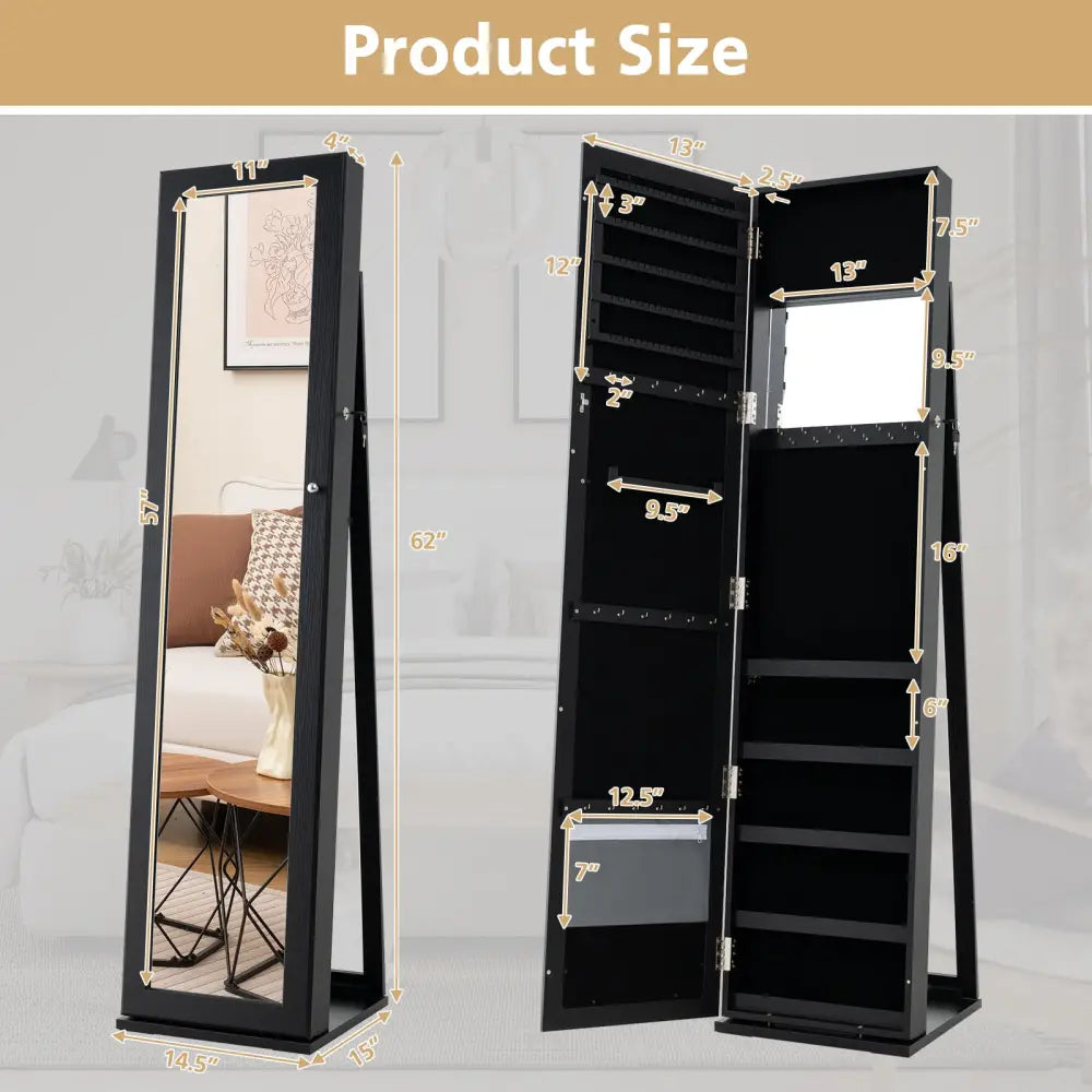 Standing Lockable Jewelry Storage Organizer with Full-Length Mirror-Black - Black - Jewelry Armoires