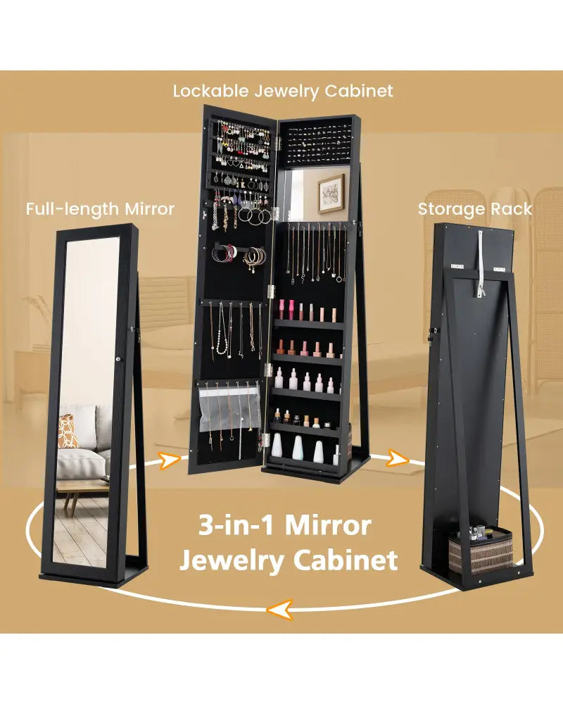 Standing Lockable Jewelry Storage Organizer with Full-Length Mirror-Black - Black - Jewelry Armoires