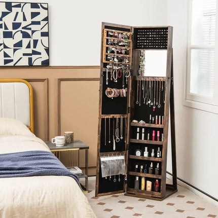 Standing Lockable Jewelry Storage Organizer with Full-Length Mirror-Brown - Brown - Jewelry Armoires