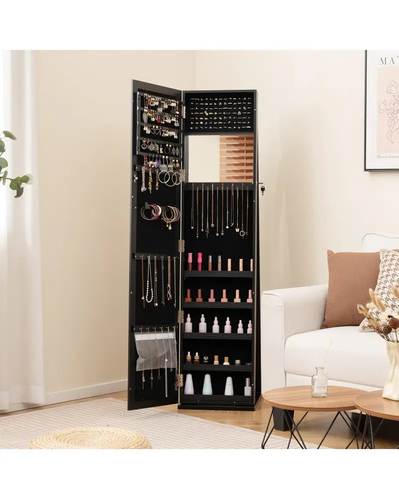 Standing Lockable Jewelry Storage Organizer with Full-Length Mirror-Black - Black - Jewelry Armoires