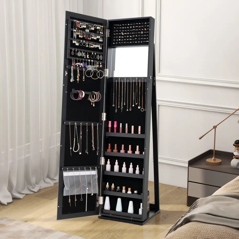 Standing Lockable Jewelry Storage Organizer with Full-Length Mirror-Black - Black - Jewelry Armoires