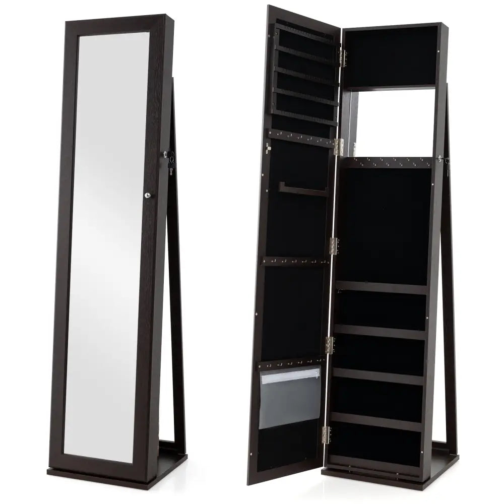 Standing Lockable Jewelry Storage Organizer with Full-Length Mirror-Coffee - Coffee - Jewelry Armoires