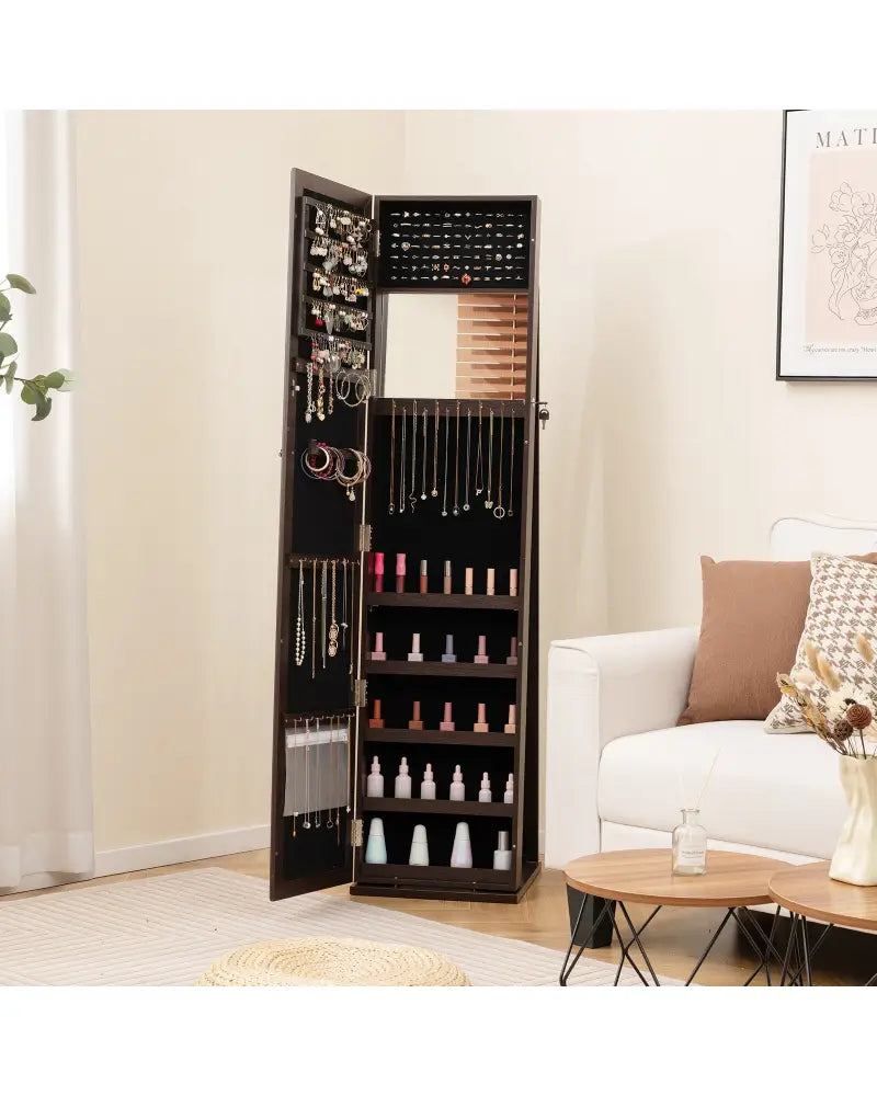 Standing Lockable Jewelry Storage Organizer with Full-Length Mirror-Coffee - Coffee - Jewelry Armoires