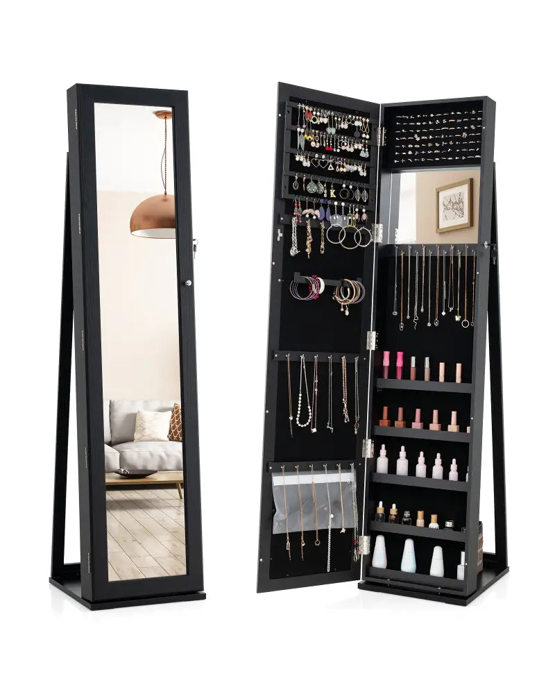 Standing Lockable Jewelry Storage Organizer with Full-Length Mirror-Black - Black - Jewelry Armoires