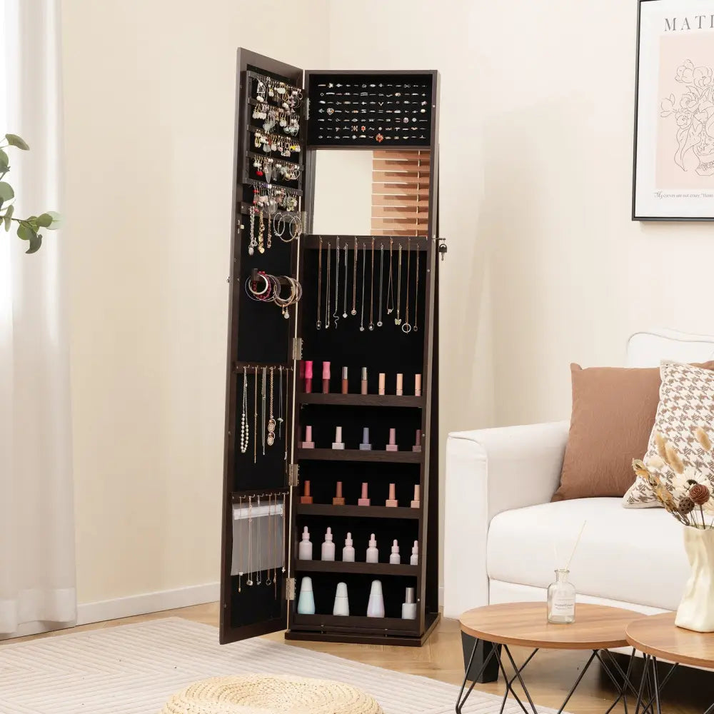 Standing Lockable Jewelry Storage Organizer with Full-Length Mirror-Coffee - Coffee - Jewelry Armoires