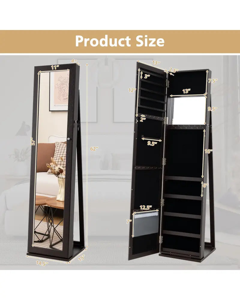 Standing Lockable Jewelry Storage Organizer with Full-Length Mirror-Coffee - Coffee - Jewelry Armoires