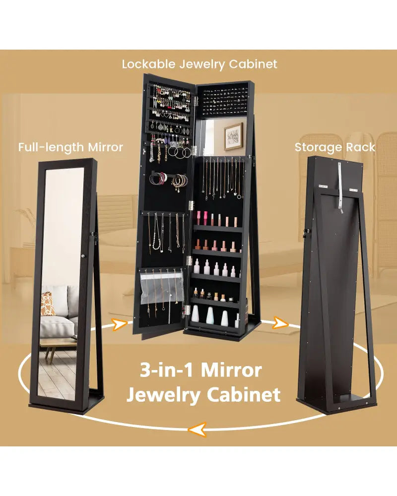 Standing Lockable Jewelry Storage Organizer with Full-Length Mirror-Coffee - Coffee - Jewelry Armoires