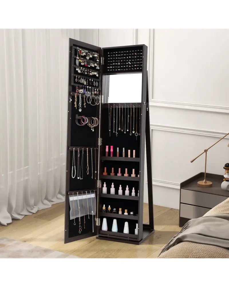 Standing Lockable Jewelry Storage Organizer with Full-Length Mirror-Coffee - Coffee - Jewelry Armoires