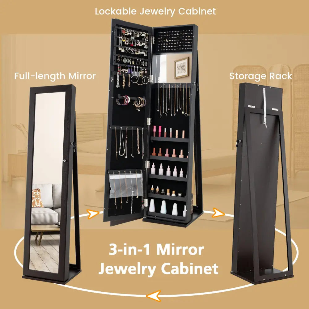 Standing Lockable Jewelry Storage Organizer with Full-Length Mirror-Coffee - Coffee - Jewelry Armoires