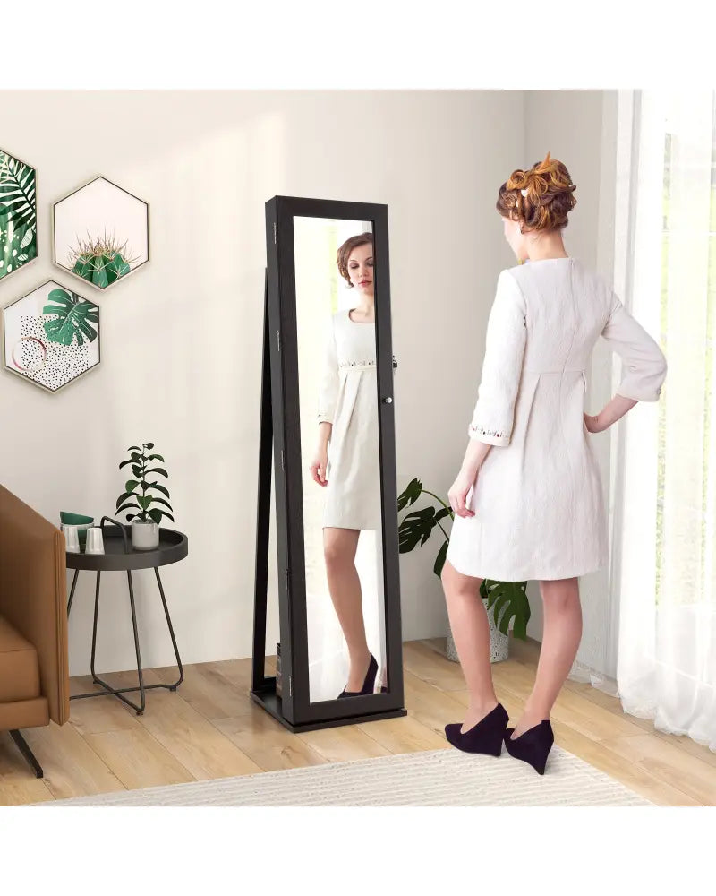 Standing Lockable Jewelry Storage Organizer with Full-Length Mirror-Coffee - Coffee - Jewelry Armoires