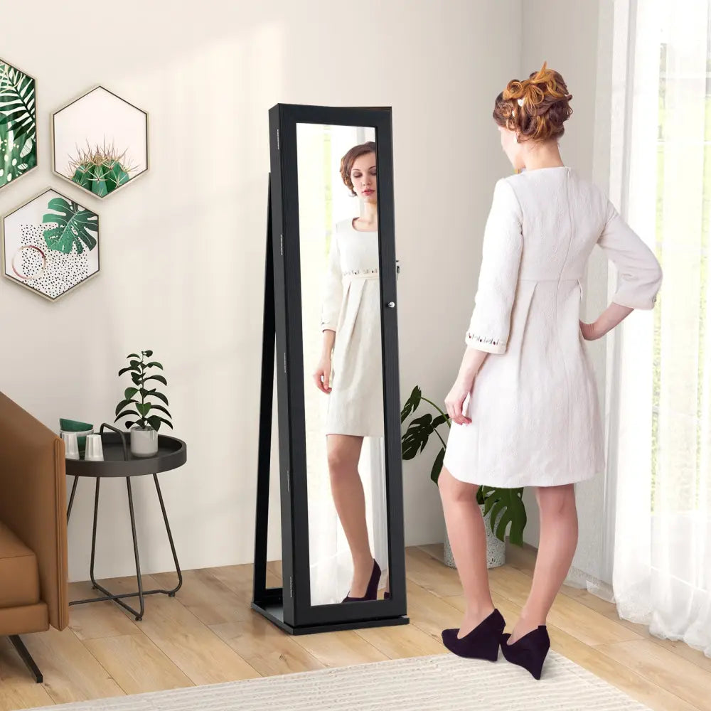 Standing Lockable Jewelry Storage Organizer with Full-Length Mirror-Black - Black - Jewelry Armoires