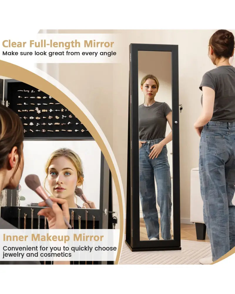 Standing Lockable Jewelry Storage Organizer with Full-Length Mirror-Black - Black - Jewelry Armoires