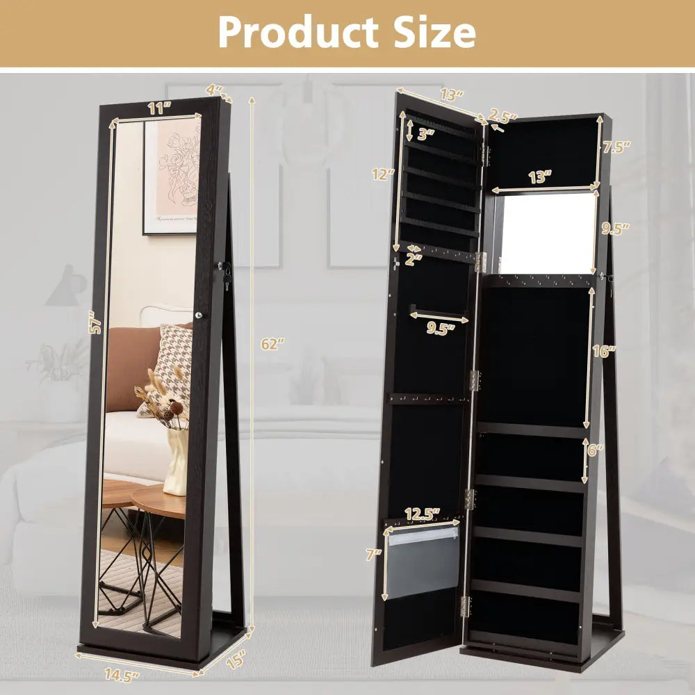 Standing Lockable Jewelry Storage Organizer with Full-Length Mirror-Coffee - Coffee - Jewelry Armoires